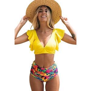 Women Ruffle High Waist Two Piece PushUp Bikini(Floral/Yellow 3, Medium), Size: